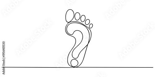 Footprint with question mark continuous one line drawing, One continuous line illustration of an footprint , isolated on white background, Continuous Line Question Mark, Minimalist Black Vector pro. 