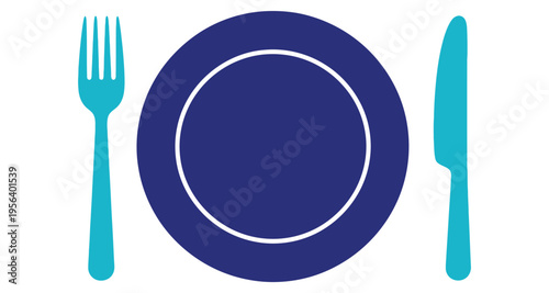 Dinner Setting Flat Lay Minimalist Blue Plate Fork Knife Isolated White Background