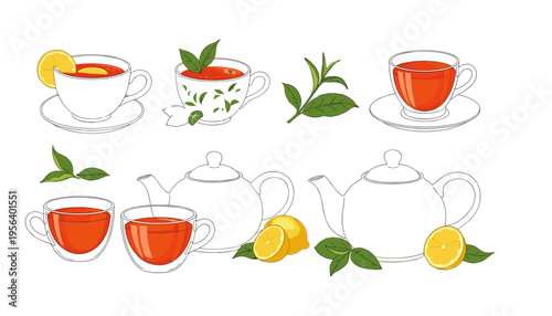 Professional Beverage Vector Illustration Set Featuring Herbal Tea Cups with Fresh Lemon and Ceramic Teapots for Cafe and Wellness Branding