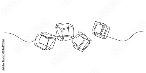 Four flying ice cubes continuous one line drawing, Four flying ice cubes cut out, Four ice cubes in mid-air, transparent, and clear.  Visible water droplets clinging to surfaces, minimalist style pro.
