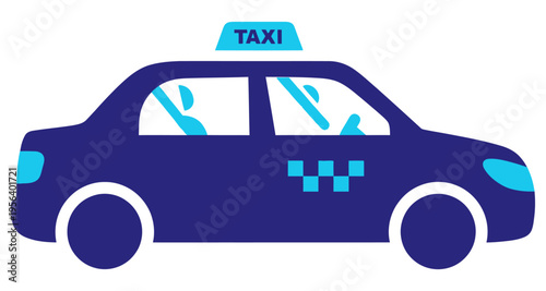 Dark Blue Sedan Taxi Cab with Light Blue Taxi Sign and Checkerboard Pattern