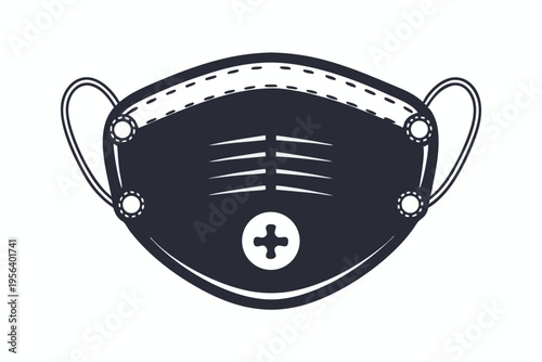 A dark mask with stitched edges and a white plus sign sits centered