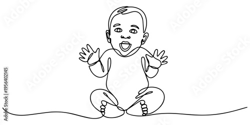 surprised happy sitting cute baby continuous one line drawing, A minimalist continuous line drawing capturing the innocent charm of a baby sitting, Line art of an asian baby sitting in a minimalist.