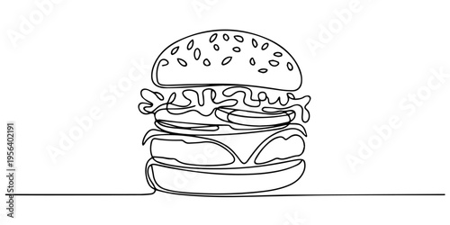tasty beef burger with cheese and salad continuous one line drawing, One line continuous cheeseburger symbol concept. Silhouette of fast food restaurant burger with cheese salad buns. Digital white on