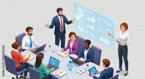 Business team discussing AI technology in modern meeting room