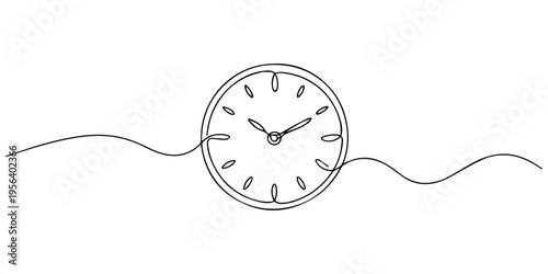 one continuous line drawing of a minimalist round wall clock face, wall clock continuous one line drawing, simple single line vector. outline isolated white background, One line wall clock poster with