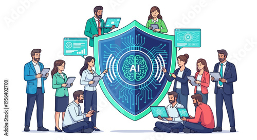 Team discussing AI security with shield icon and brain circuit