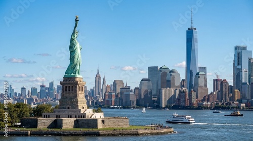 The Statue of Liberty over the Scene of New york cityscape river side which location is lower manhattan,Architecture and building with tourist concept