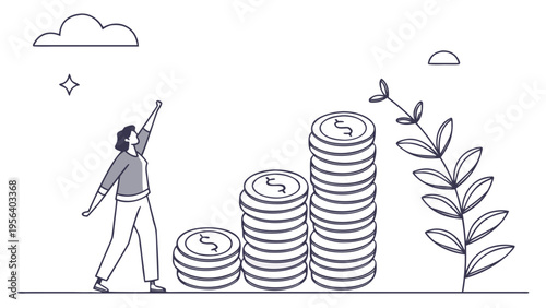 A minimalist vector illustration of a person reaching for a star next to growing stacks of coins.