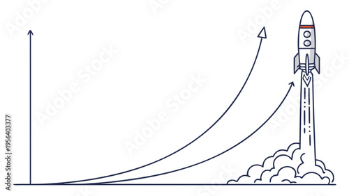 A minimalist vector graphic illustration of a rocket launching into space with trajectory lines