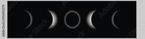 Moon phases set on black background showing new moon, crescent, half moon, full moon, and eclipse. Total Lunar Eclipse.