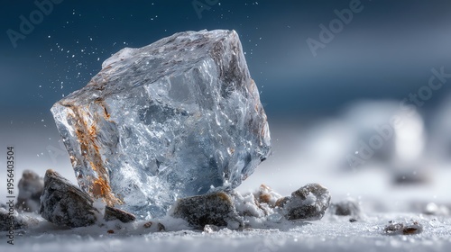 A detailed macro shot of a melting ice block on a rocky surface, capturing the crystal clarity and texture