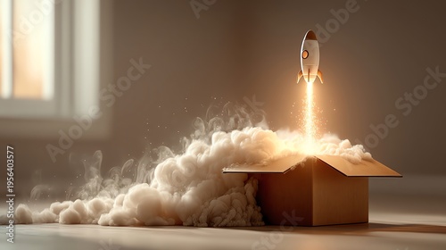 A rocket launches from a cardboard box, symbolizing creativity and innovation. The plume of smoke fills the room, highlighting the power of imagination and potential in technology.