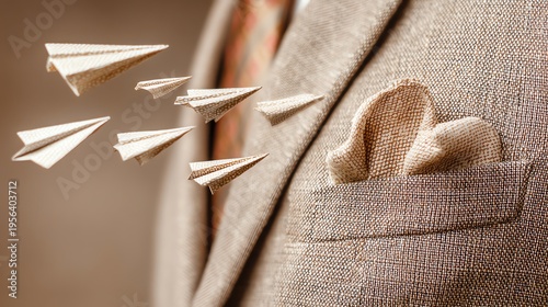 Close-up of a smartly dressed person with paper planes flying towards their suit pocket, symbolizing creativity and innovation in business settings.