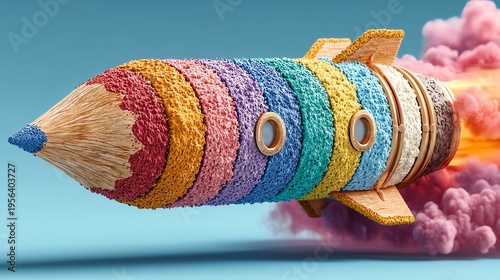 Colorful pencil rocket taking off, blending art with science. Vibrant pencils form a creative spaceship, symbolizing imagination and exploration against a sky-blue background.
