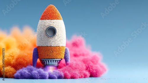 Colorful toy rocket surrounded by vibrant clouds of pink, orange, and purple against a blue background symbolizes creativity, imagination, and exploration
