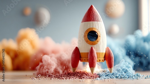 Colorful wooden toy rocket surrounded by vibrant colored powder on a blurred background, symbolizing fun and creativity in a playful setting.