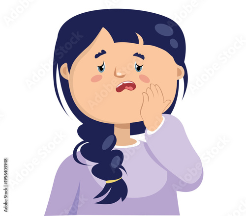 Little girl with a broken tooth looking sad, child character with dental problem or tooth injury.