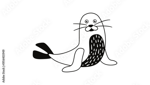 A cartoon seal with a flippers and whiskers on a white background