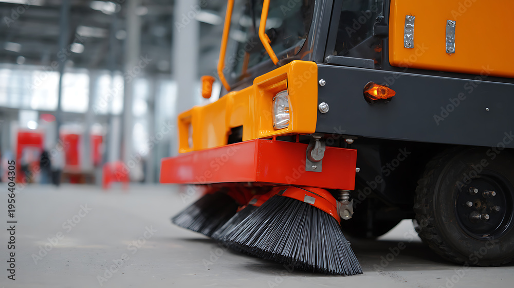Fototapeta premium Industrial floor sweeping machine detail view: large orange and grey cleaning vehicle with rotary brush on concrete surface, factory background