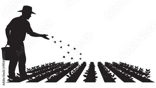 Farmer Releasing Beneficial Insects On Crop Row Icon — Minimal Black-and-White Solid Silhouette For Organic Pest Management