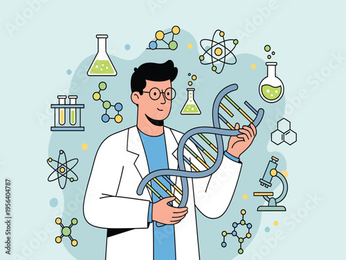 Male scientist holding DNA helix vector illustration with laboratory equipment and molecules
