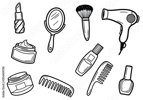 Set of 10 hand-drawn beauty and cosmetic product icons vector for salon, makeup, and skincare