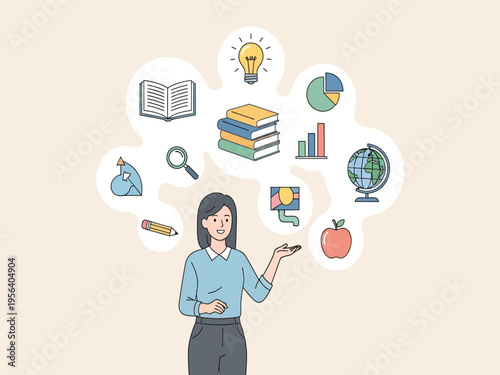 Woman surrounded by education and learning icons vector illustration for online courses and knowledge