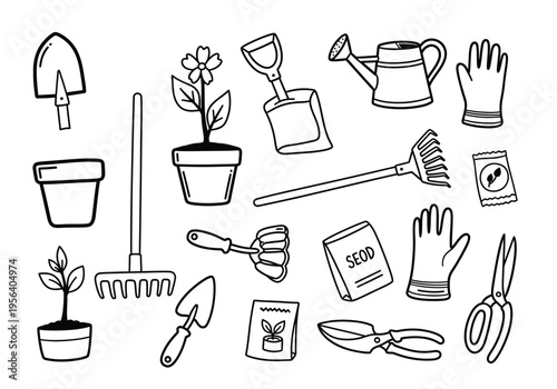 Set of 17 Hand-Drawn Gardening Tools and Plants Vector Icons for Horticulture and Agriculture