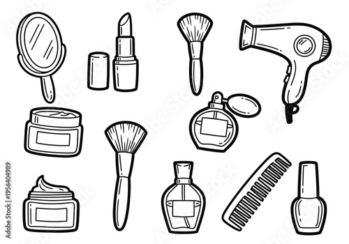 Set of 10 Hand-Drawn Beauty and Cosmetic Product Icons Vector for Skincare and Makeup
