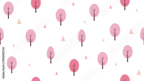 Cute Pink Trees Seamless Pattern with Minimal Geometric Shapes