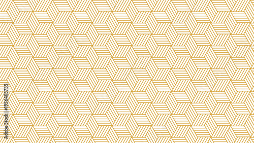 Seamless geometric pattern of interlocking cube shapes formed by fine golden lines on a light background, ideal for modern, elegant surface and textile design.