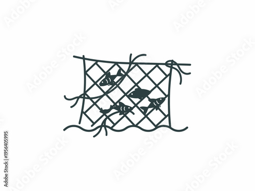 An illustration of a fishing net filled with fish underwater in the ocean with waves.