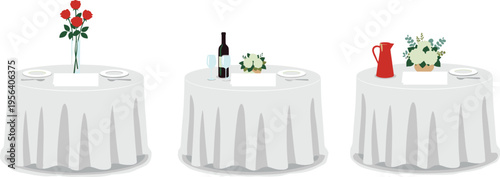 Collection of dining table illustrations featuring red roses wine bottle and white flowers for fine dining catering services.