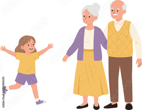 Cartoon vector illustration of joyful girl running to grandparents, warm family reunion scene with love and happiness