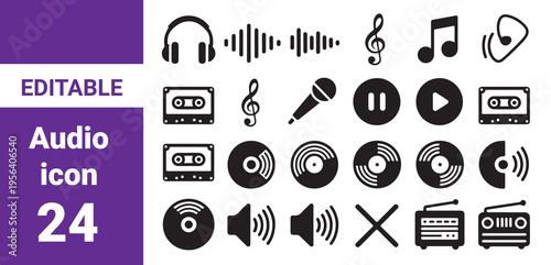 Microphone and audio line icon set featuring voice message sound wave podcast and communication for music recording