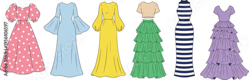 Collection of elegant long dresses and evening gowns in various styles including polka dots stripes and tiered ruffles