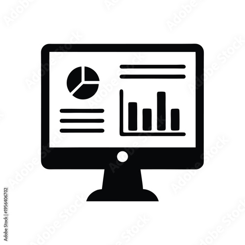 Computer screen showing pie chart and graph for business analysis, represented in black