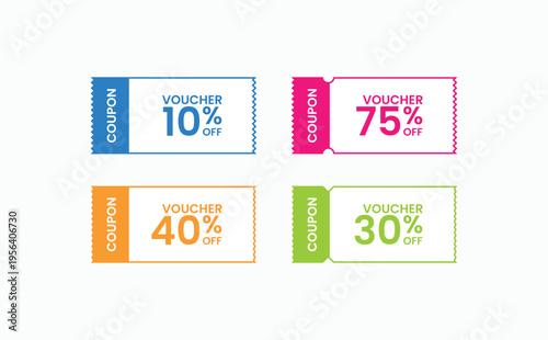 Bright coupons show discount percentages. Each voucher has a bold, eye-catching design. Perfect for promotions or sales campaigns. Colorful edges draw attention to savings