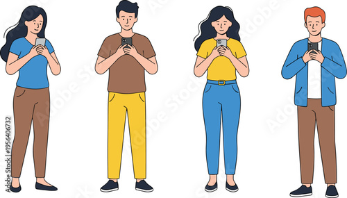 Group of young diverse people standing and using their smartphones for social media messaging and mobile communication.
