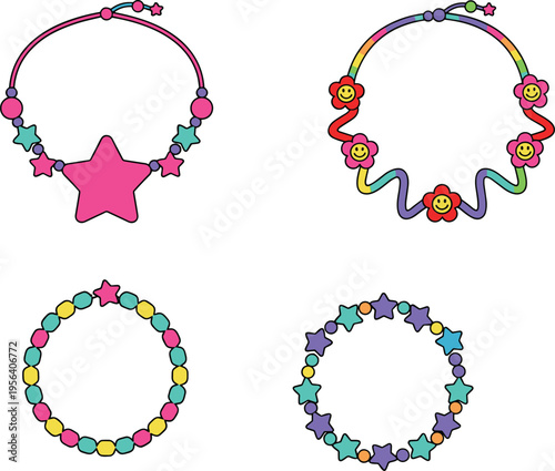 Hand drawn vector illustration of friendship bracelets and jewelry sets for girls fashion and creative craft projects
