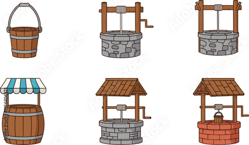 Set of medieval water well vector illustrations featuring stone and brick bases with wooden roofs and pulleys.