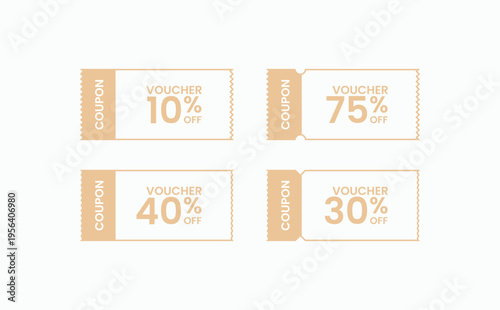 Four beige coupons display discount percentages. Each voucher features clear, bold text for easy reading. Simple design appeals to users seeking discounts