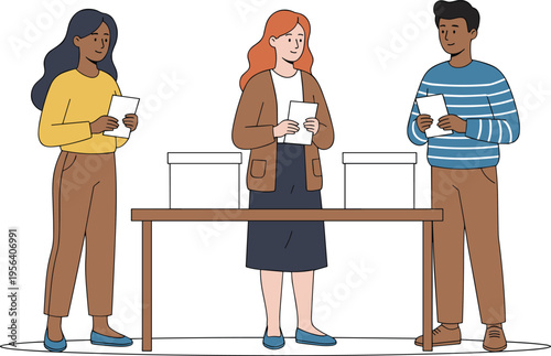 Multiracial men and women participating in polling day activities with paper ballots for political choice and community engagement.