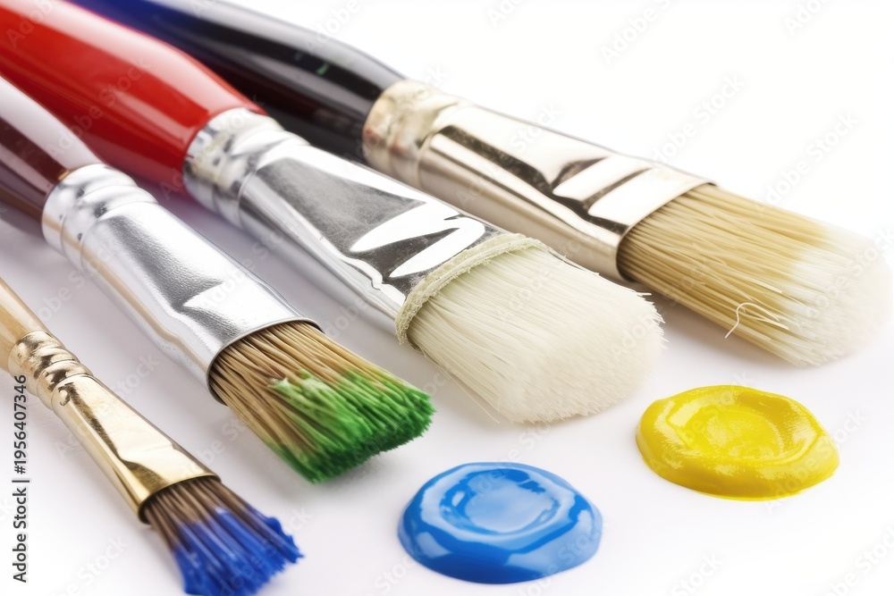 Fototapeta premium A vibrant arrangement of paintbrushes and colorful paints, showcasing creativity and artistic expression.