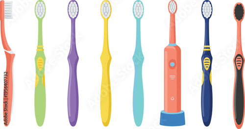 Vector illustration of assorted manual and electric toothbrushes in colorful designs for dental hygiene and healthcare tools