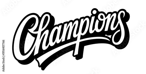 Champions Retro Script Typography - Vintage Sports Style Lettering Design with Bold Curved Text and Decorative Elements