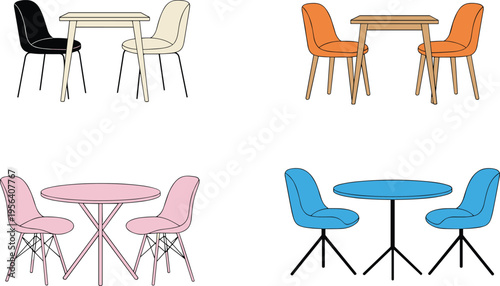Vector illustration of assorted tables and chairs in different colors and styles for interior design and furniture concepts