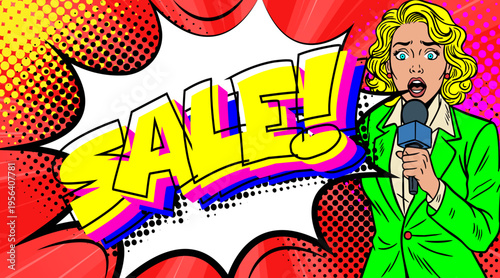 Pop Art Sale Announcement - Retro Comic Book Style Illustration with Blonde Woman in Green Suit Holding Microphone and Colorful Explosion Background