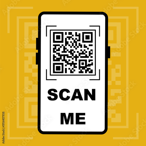 Scan Me QR Code on Smartphone Screen - Mobile Phone with QR Code for Scanning on Yellow Geometric Background